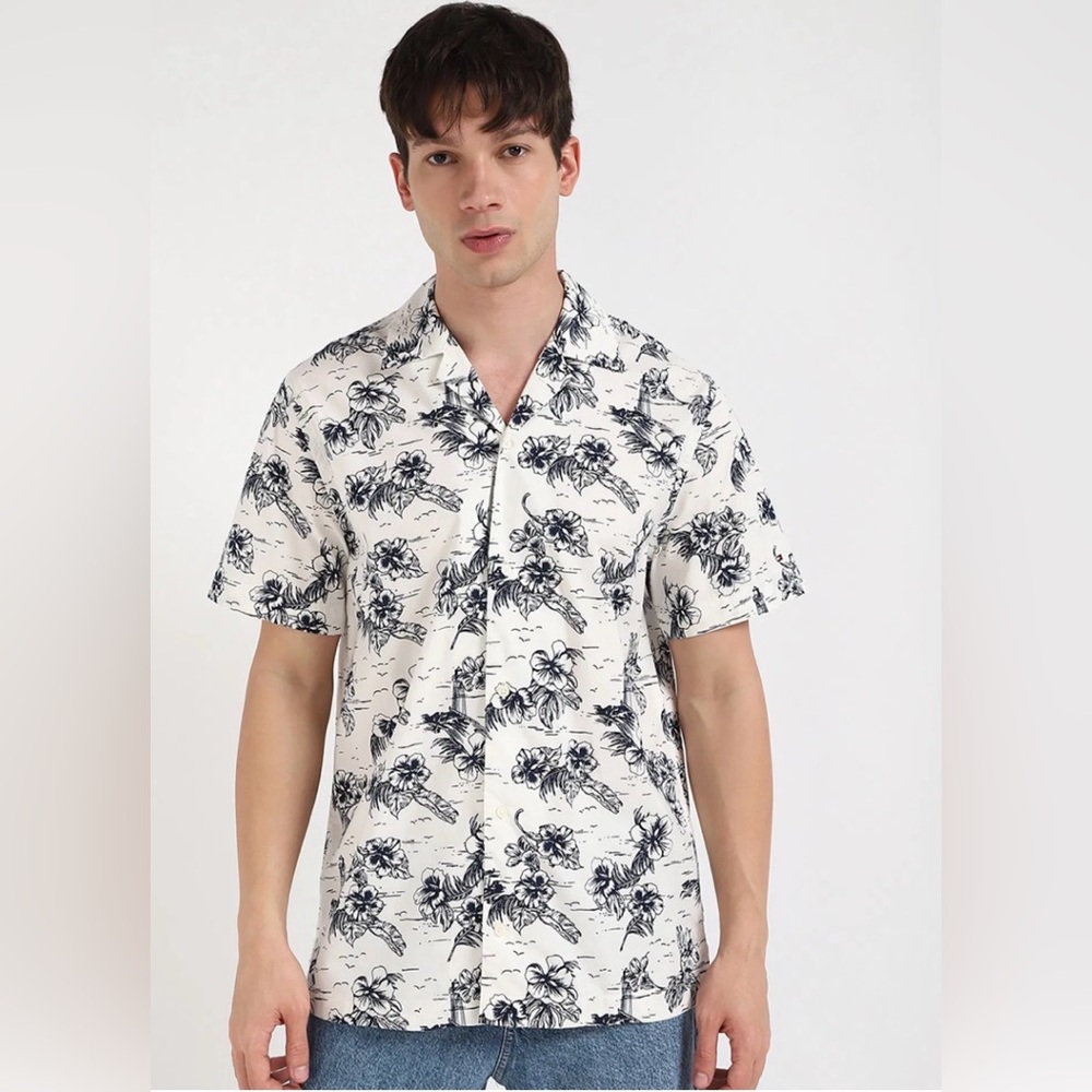 Tommy Hilfiger White Cotton Shirt with Navy Floral Print w/Flex Technology XL